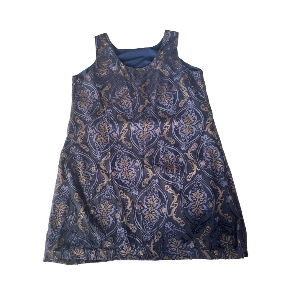Monroeโ & Main Womens 1X Blue Gold Damask Flocked Velvet Sleeveless Shift Dress